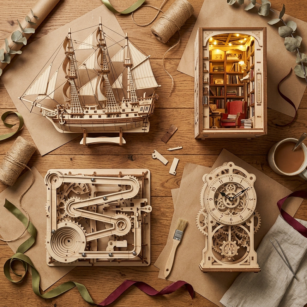 Premium 3D wooden puzzles displayed as gift ideas - ship models, book nooks, marble runs and mechanical kits