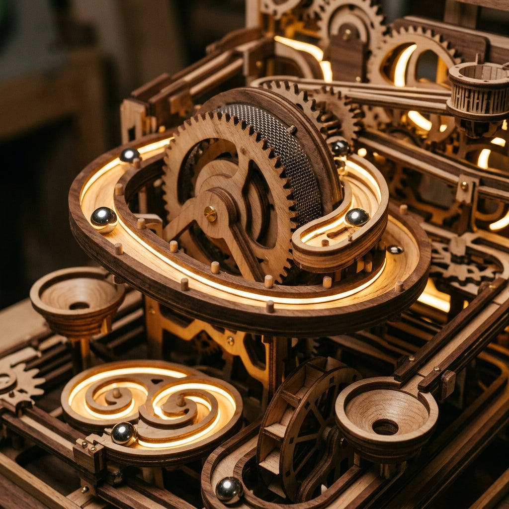 Wooden marble run mechanical puzzle with steel balls rolling through intricate tracks with LED lighting