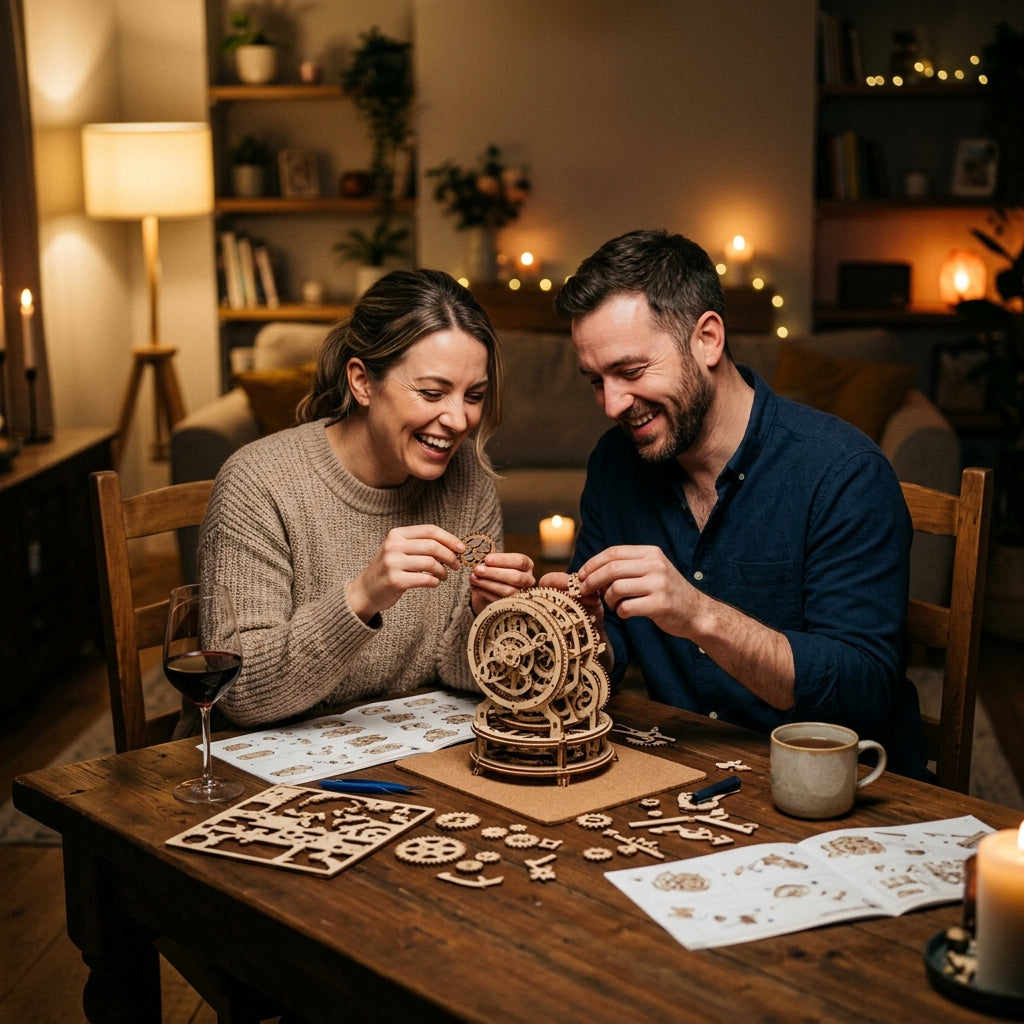 Couple building a 3D wooden puzzle together at home for date night