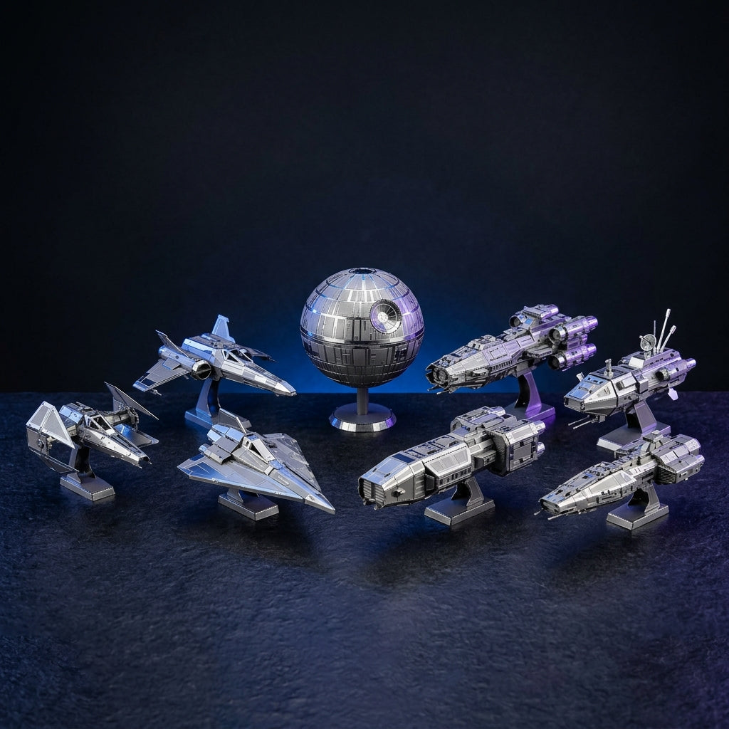 Puzzvo Sci-Fi Starships 3D Metal Puzzle - assembled metallic spacecraft models