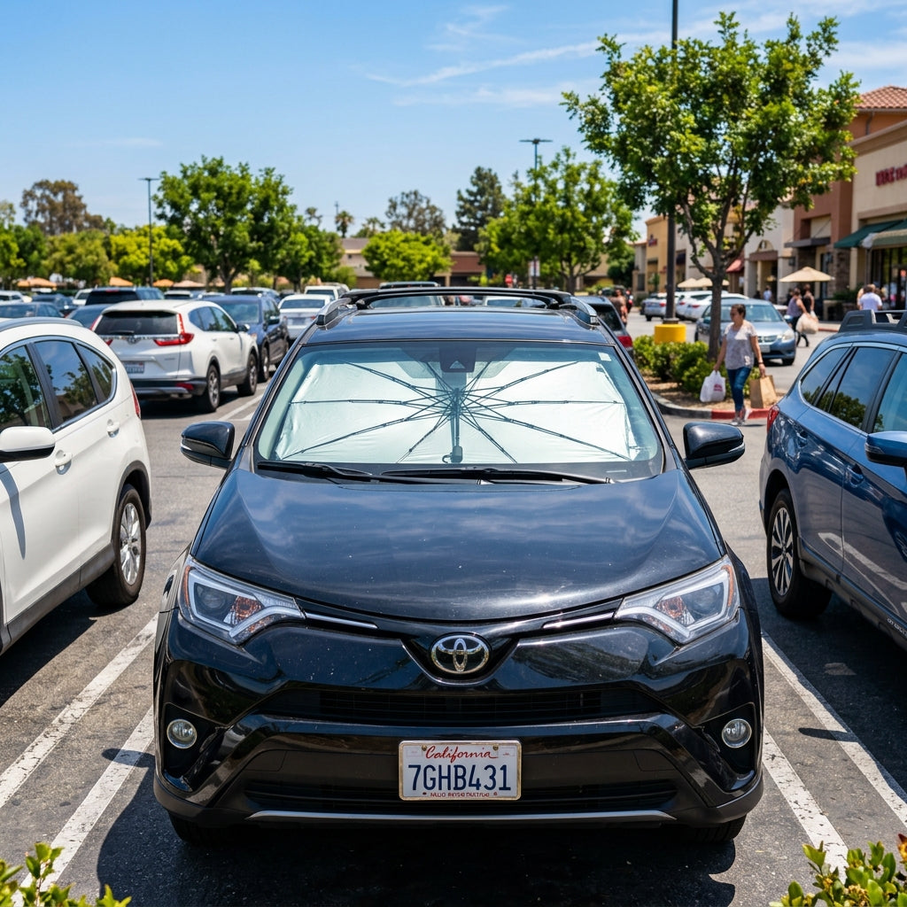 Car sunshade umbrella installed on windshield - summer protection
