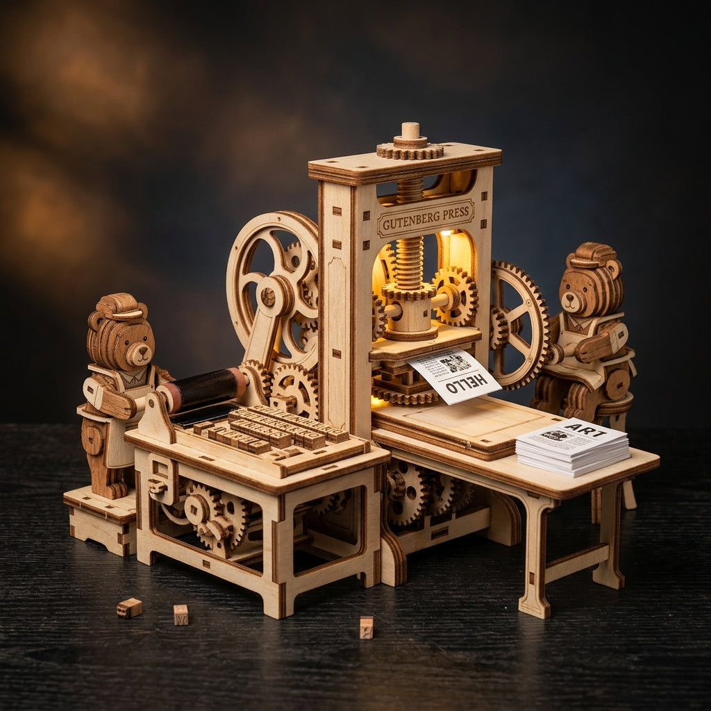 Puzzvo Classic Printing Press - wooden mechanical puzzle with movable type and LED lights