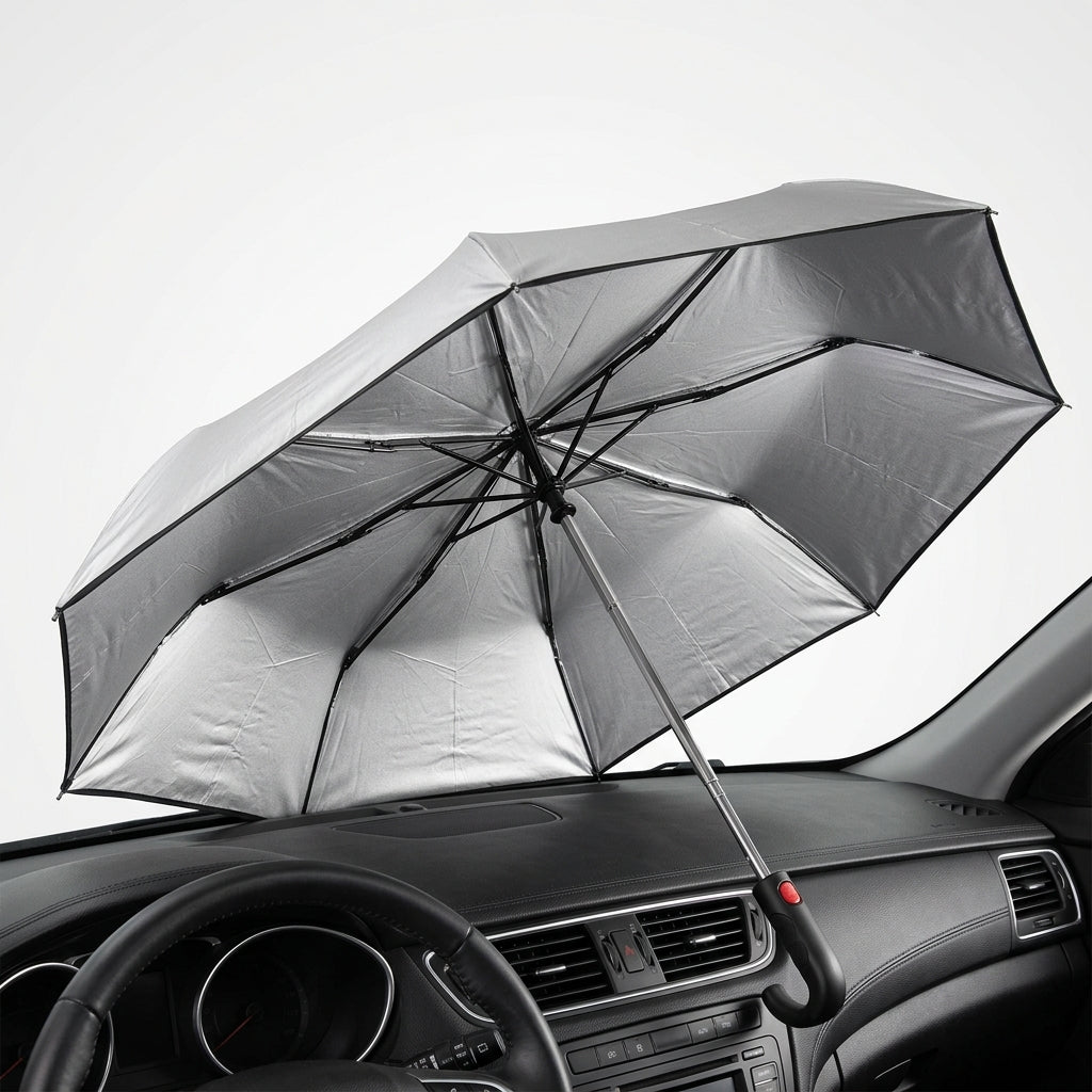 Foldable car windshield sunshade umbrella - open position