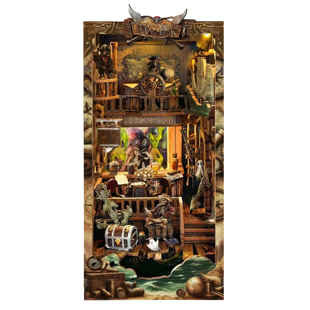 Puzzvo Whale Sky Book Nook - 3D Wooden Bookshelf Insert with LED - Product Image