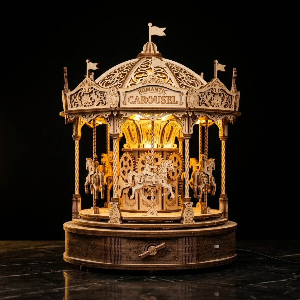 Romantic Carousel Music Box - LED Wooden Puzzle Kit 316 Pieces - PUZZVO Premium 3D Puzzle