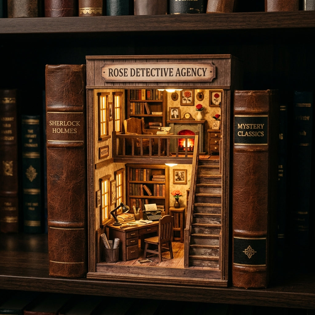 Puzzvo Detective Agency Book Nook - miniature diorama with LED lighting between books