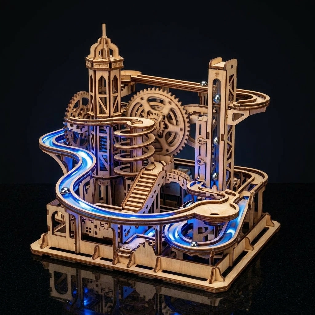 Electric Marble Run 3D Wooden Puzzle - LED Mechanical Model 256 Pieces - PUZZVO Premium 3D Puzzle