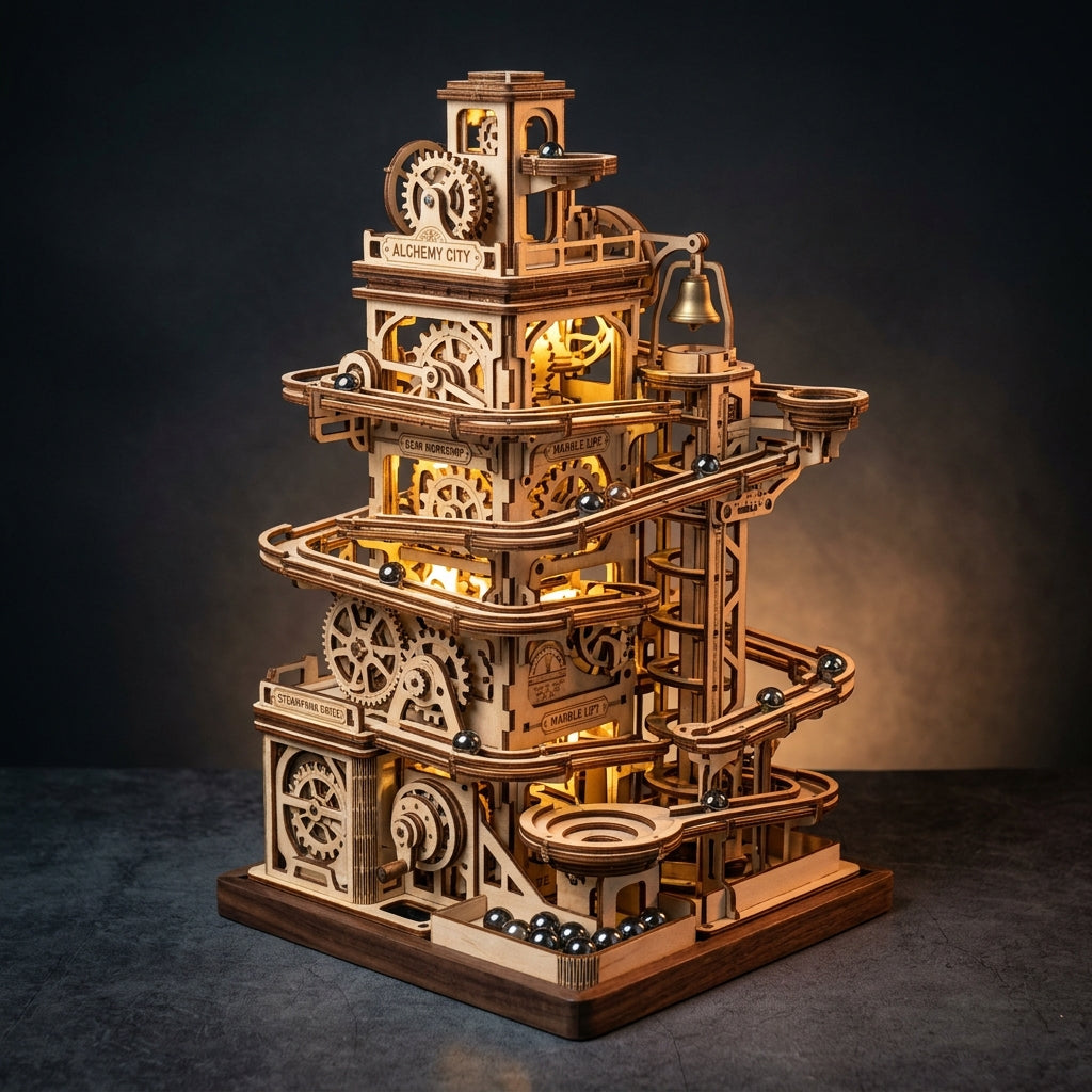 Puzzvo Alchemy City Marble Run - steampunk wooden tower with LED and mechanical lifts