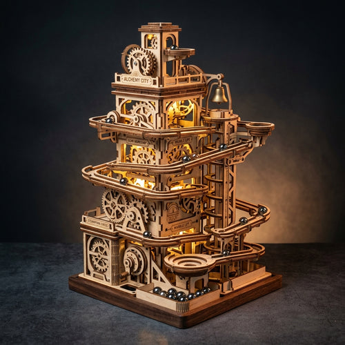 Puzzvo Alchemy City Marble Run - steampunk wooden tower with LED and mechanical lifts