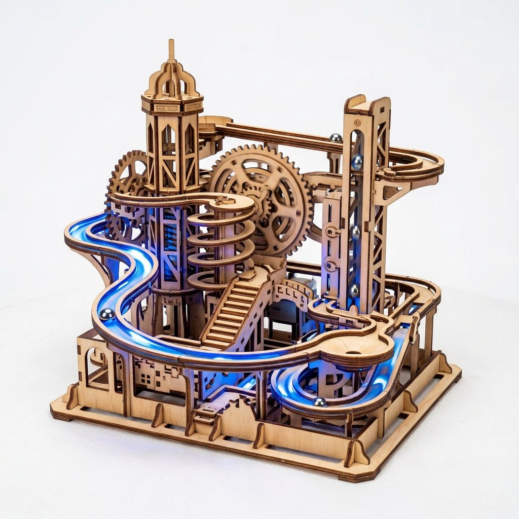 Puzzvo Electric Marble Run 3D Wooden Puzzle – LED Mechanical Model Kit