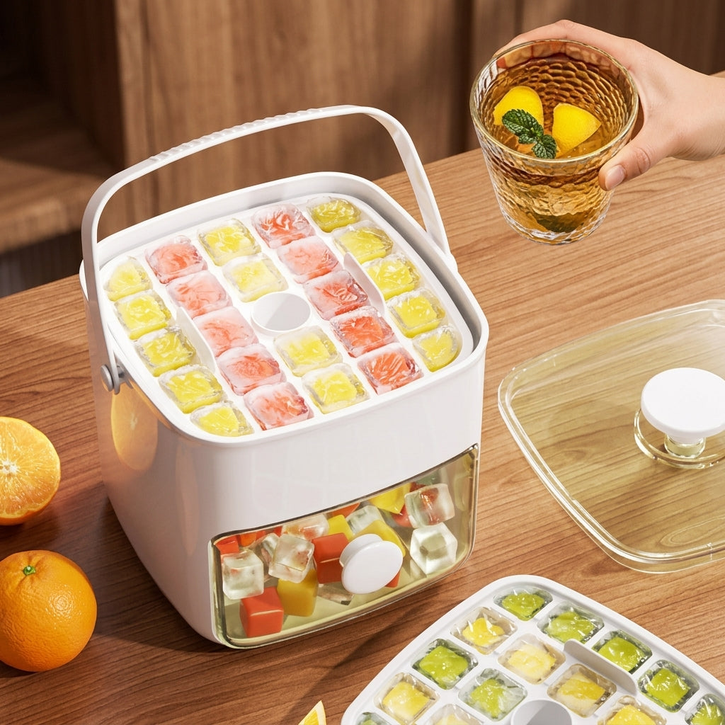Puzzvo Ice Cube Maker showing colorful frozen fruit cubes
