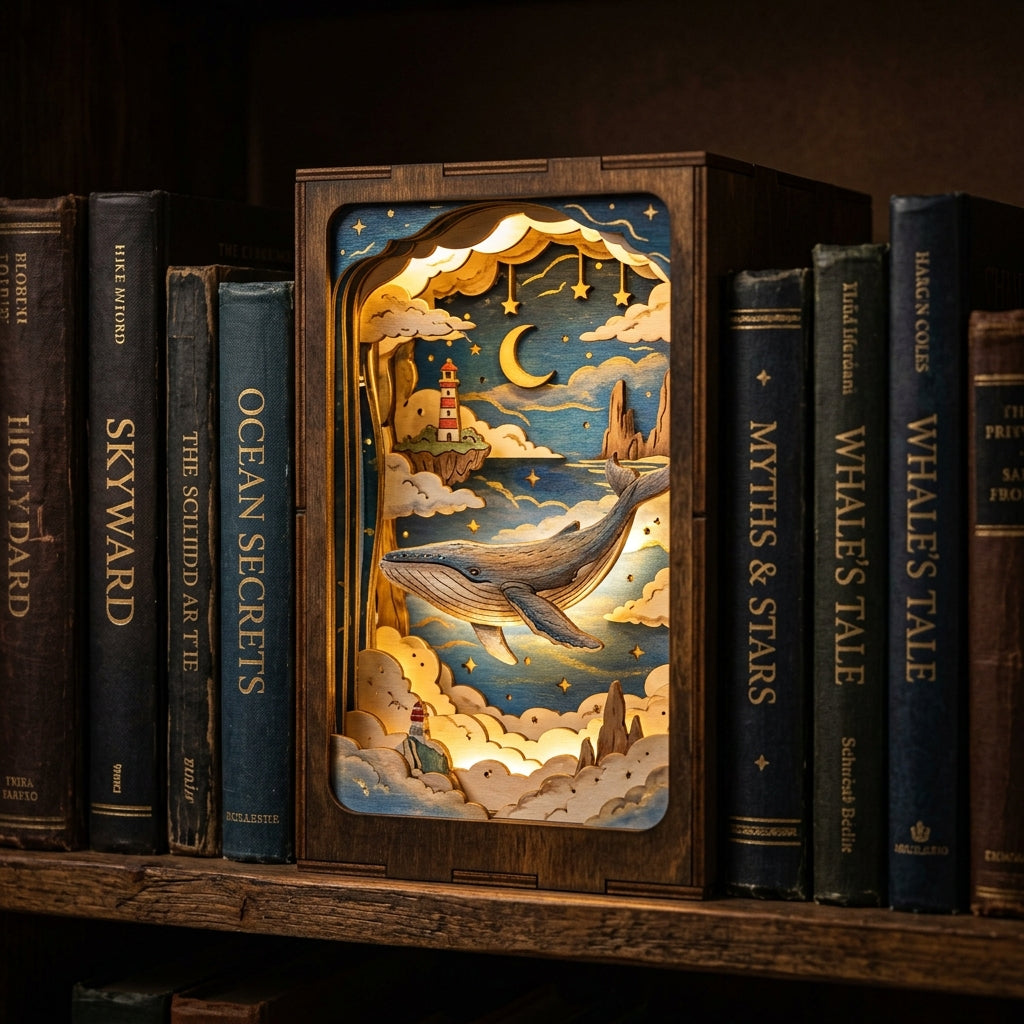 Whale Sky Book Nook - 3D Wooden Bookshelf Insert with LED - PUZZVO Premium 3D Puzzle